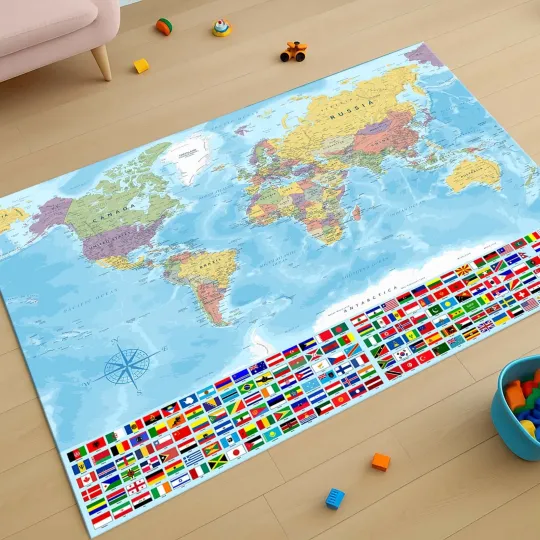 Discover World Map Rug, Kids Room Mat, Educational Carpet, Geography Rug, Flag Learning
