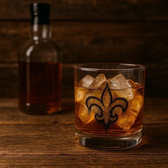 Grunge Fleur-de-Lis Gold Black Drip Watercolor Design, New Orleans Inspired Whiskey Glass, Game Day Drinkware