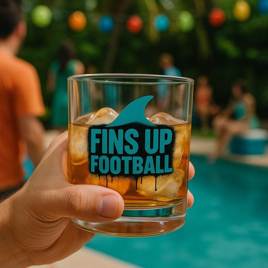 Fins Up Football Whiskey Glass 10oz, Miami Inspired Rocks Glass, Teal Grunge Dolphin Fin Barware, Football Fan Gift, Game Day Bareware