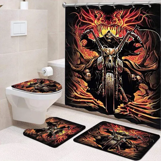 Discover 4pcs SKULL MOTOCYCLE-gift for Fan Bathroom set or Shower Curtain Set for Fan