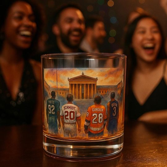 Philadelphia Sports Legends Rocks Glass, Philadelphia Museum of Art Watercolor, Eagles Phillies Flyers 76ers Eagles Gift