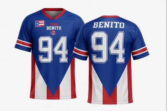 Discover Puerto Rico Mesh Football Jersey, Team Benito Jersey, Blue Kits Fan Apparel LX Halftime Show