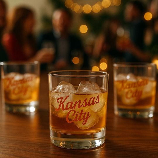 Discover Kansas City Watercolor Rocks Glass | Vintage Style | KC Gift for Fans | Game Day Barware | Christmas Gift | Man Cave Decor