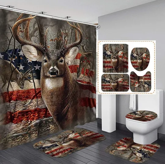 Discover Deer Shower Curtain Set, American Flag Bathroom Sets, Shower Curtain Sets