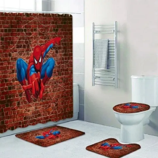 Discover 4PCS Spider-man Shower Curtain Bathroom Rug Set Bath Mat Non-Slip Lid Cover