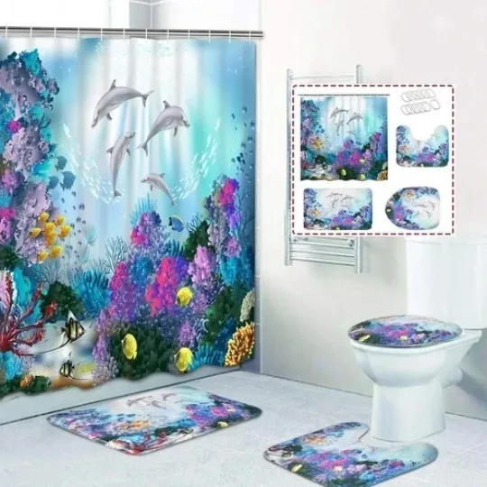 Discover Bathroom set or Shower Curtain Set for Fan Blue Sea World Dolphin-gift for Fan