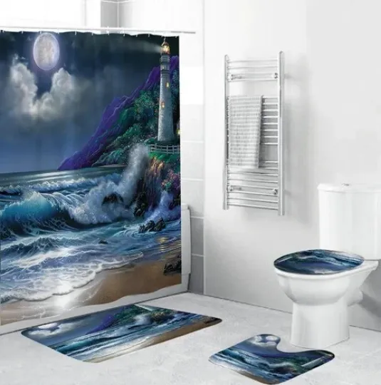 Discover Coast Shower Curtain Bathroom Rug Set Thick Bath Mat Non-Slip Toilet