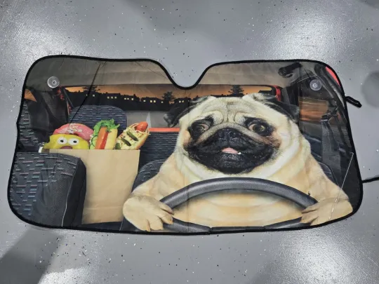 Discover Pug Driving Car Windshield Sun Shade Groceries Visor Dog