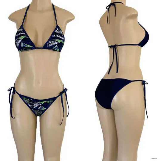 Seattle Seahawks String Bikini Set, Two Piece Swimsuit Women's Swimwear