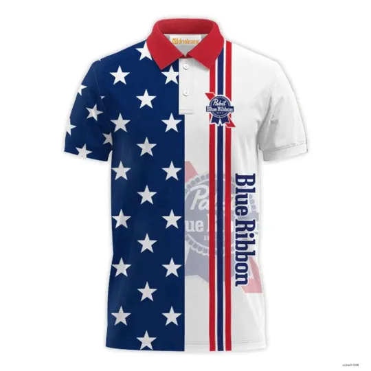 Pabst Blue Ribbon Fourth Of July Polo For Men Hot Summer Beer Polo