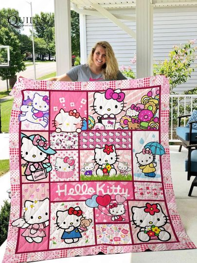 Hello Kitty Quilt with Kitty Cat Pattern, Kawaii Lover Gift