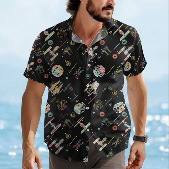 Discover Star Wars Neon Button Hawaiian Shirt, Retro Galaxy Hawaiian Shirt, Space Battle Line Art Shirt, Sci-Fi Vacation Shirt