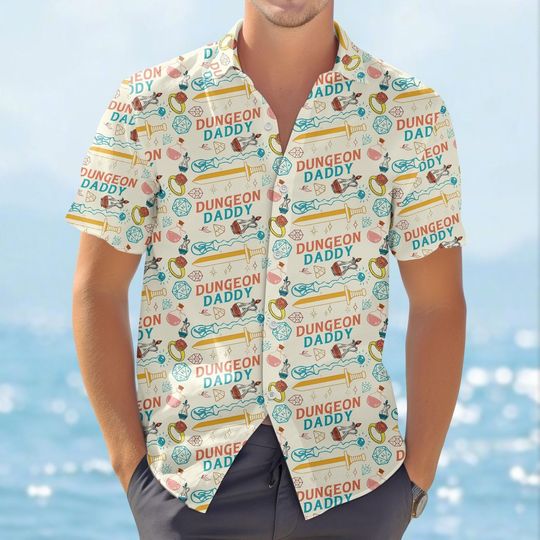 Dungeon Daddy Hawaiian Shirt, D&D Fantasy Roleplay Button-Up, Dungeon Master Birthday Gift for Husbands