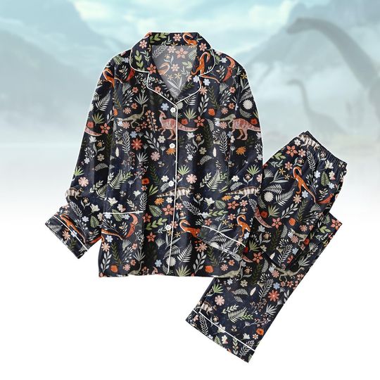 Discover Dinosaur Floral Pajamas Set, Botanical Dinosaur Sleepwear, Cottagecore Flower Dino Loungewear, Birthday Gift