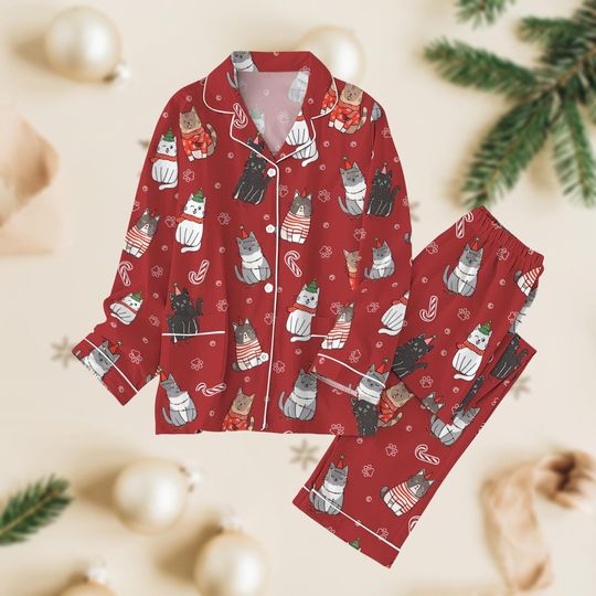 Discover Cat Pajamas Set, Cute Animal Christmas Pajamas Family, Festive Matching Sleepwear Set, Cozy Gift for Cat Lovers