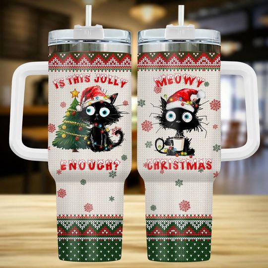 Discover Christmas Cat 40oz Tumbler, Cat Tumbler With Handle, Holiday Print Tumbler, Cat Travel Tumbler, Gift for Cat Lover