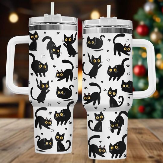 Discover Black Cat 40oz Tumbler, Cat Lover Tumbler With Handle, Cute Cat Print Tumbler, Travel Tumbler, Gift For Cat Lovers
