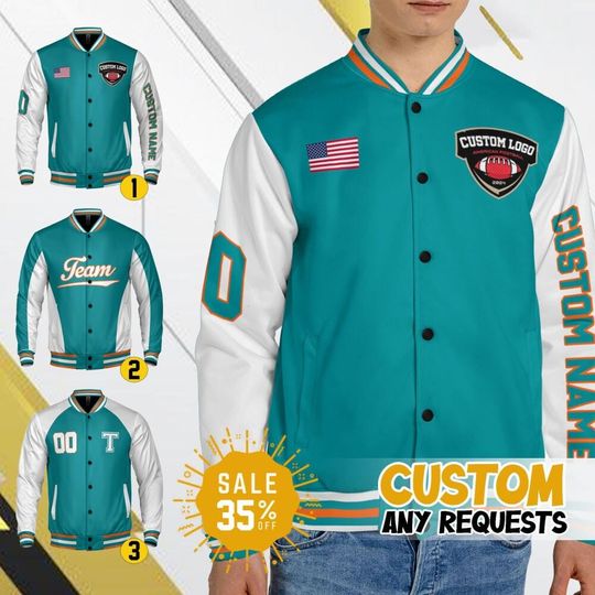 Custom Varsity Jacket Team Dolphin Football Teal color for Men Women Youth, Personalized Bomber Varsity Jacket, Football & Baseball Jacket
