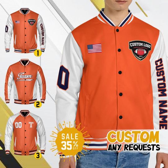Custom Varsity Jacket Team Broncos Football Orange color for Men Women Youth, Personalized Bomber Varsity Jacket, Football & Baseball Jacket