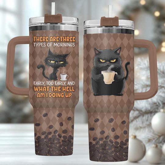 Discover Funny Cat 40oz Tumbler with Handle, Grumpy Coffee Travel Mug, Cat Lover Print, Morning Humor Coffee Tumbler, Gift for Coffee Enthusiast