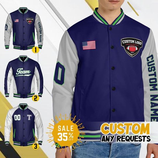 Discover Custom Varsity Jacket Team Seahawk Football Navy  color for Men Women Youth, Personalized Bomber Varsity Jacket, Football & Baseball Jacket