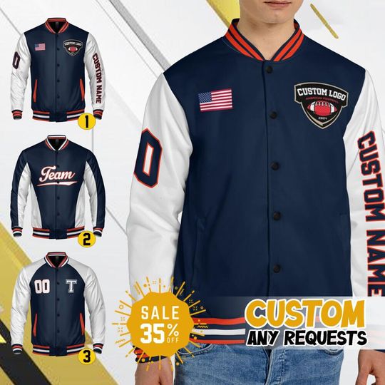 Discover Custom Varsity Jacket Team Bear Football Navy color for Men Women Youth, Personalized Bomber Varsity Jacket, Football & Baseball Jacket