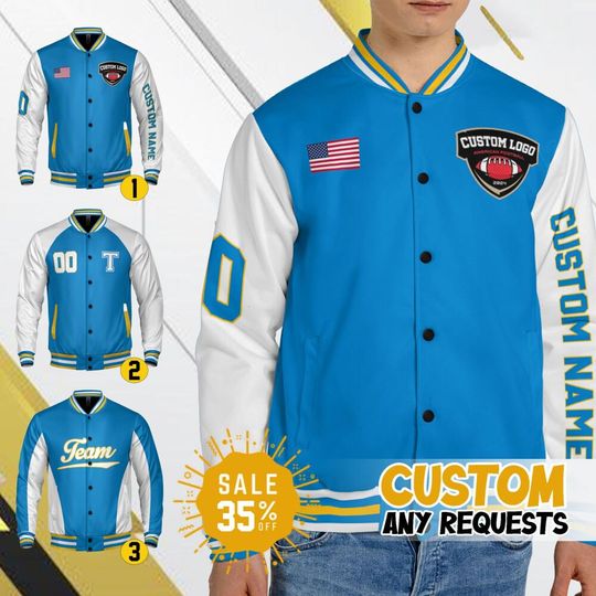 Discover Custom Varsity Jacket Team Charger Football Blue color for Men Women Youth, Custom Bomber Varsity Jacket, Football & Baseball Jacket