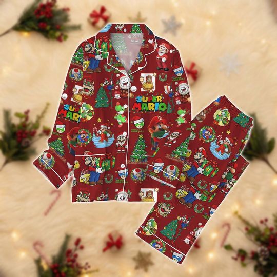 Christmas Super Mario Pajamas Set, Yoshi Bowser Toad Holiday Pajamas, Game Lover Xmas Pjs, Christmas Party Gift For Women Men Kid