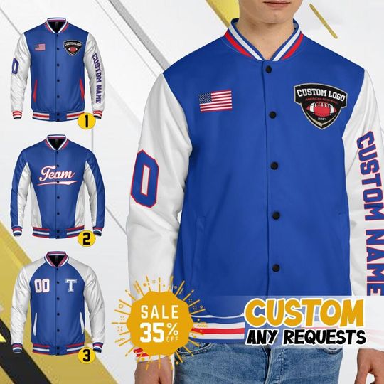 Discover Custom Varsity Jacket Team Bill Football blue color for Men Women Youth, Personalized Bomber Varsity Jacket, Football & Baseball Jacket