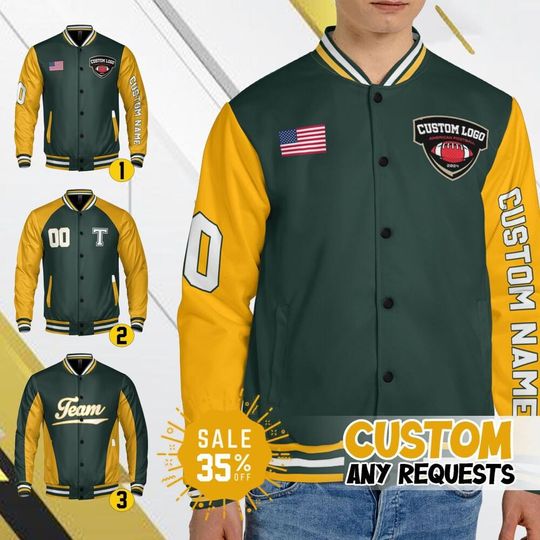Discover Custom Varsity Jacket Team Packer Football Green color for Men Women Youth, Custom Bomber Varsity Jacket, Football & Baseball Jacket