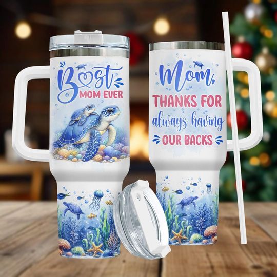 Discover 40 oz Sea Turtle Tumbler with Handle, Ocean Print Marine Travel Mug, Gift for Mom