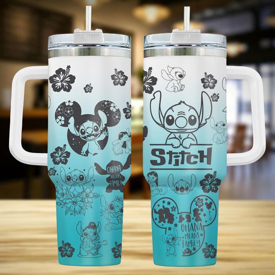 Discover 40oz Stitch Tumbler with Handle, Disney Ohana Print, Hawaiian Travel Tumbler, Gift for Disney Fans