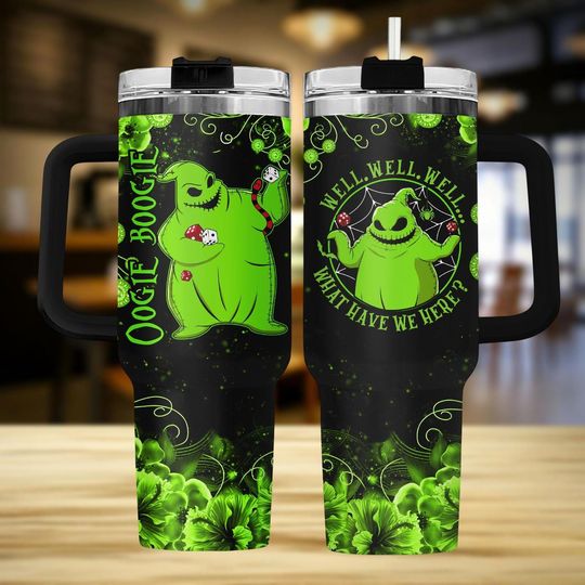 Discover Halloween 40oz Tumbler with Handle, Nightmare & Oogie Boogie Print, Spooky Travel Mug, Gift for Ghost Fans