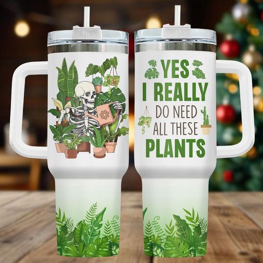 Discover Boho Skeleton 40oz Tumbler with Handle, Plant & Nature Print, Gardening Travel Mug, Gift for Him and Her