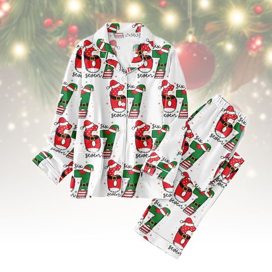 Discover Six Seven Christmas Pajama Set, Funny Viral Holiday PJs, Elf Number Print Sleepwear, Trendy Red Green Xmas Pajamas, Gift For Adults