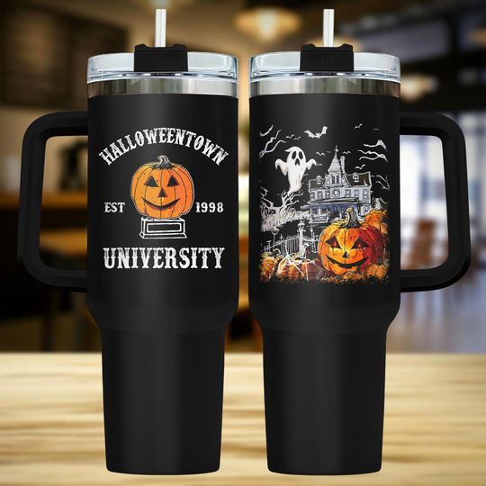 Halloweentown 40oz Tumbler with Handle, Pumpkin Print, Halloween Travel Mug