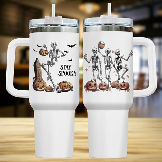 Discover Skeleton Halloween 40oz Tumbler with Handle, Spooky Travel Mug, Skeleton Print Halloween Tumbler