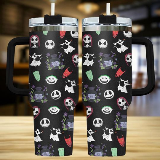 Discover 40oz Halloween Characters Tumbler with Handle, Spooky Gothic Travel Mug for Horror Fans