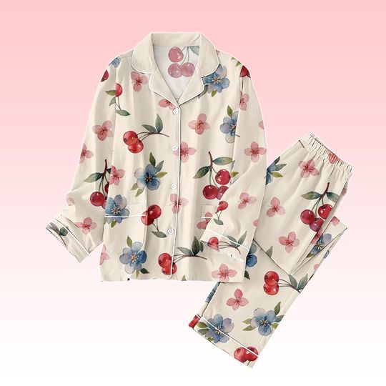 Cherry Blossom Thick Pajamas Set, Floral Long Sleeve PJs Set, Matching Family Sleepwear, Cute Spring Fruit Pattern Pajamas