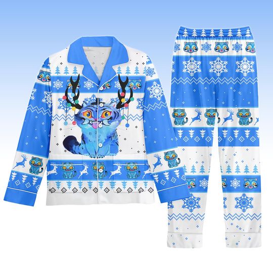 Discover Cute Animal Pajamas Set, Blue Reindeer Christmas Pajamas Family, Holiday Matching Sleepwear Set, Cozy Gift