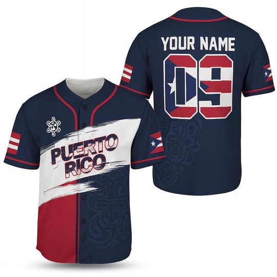 Discover Puerto Rico Baseball Jersey Custom Name & Number, Navy Red White Flag Brush Design, Boricua Pride Unisex Button Up Fan Shirt Gift Top