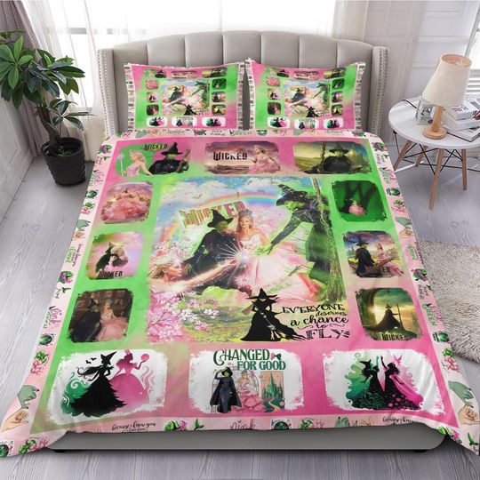 Discover Good Witchy Bedding Set, Bad Oz Wizard Bed Set, Broadway Musical Fan Decor, Pink Green Bedding, Birthday Gift