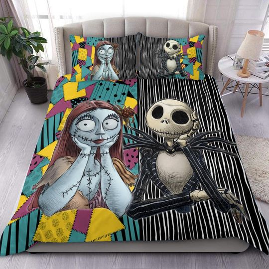 Nightmare Before Christmas Bedding Set with Jack and Sally Quilt Disney Halloween Bedding for Kids and Fans