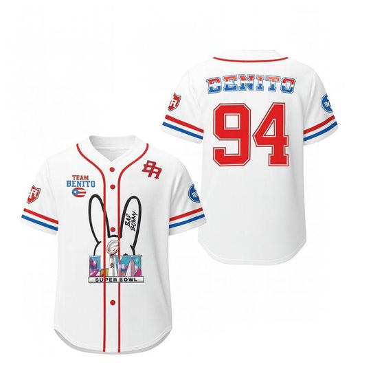 Discover Popular Latin Music Inspired Baseball Jersey  Team Benito 94 Sports Shirt  Puerto Rico Style White Red Blue Jersey