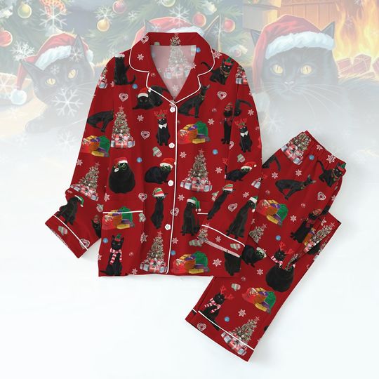 Discover Cute Black Cat Christmas Pajamas Set, Funny Cat Santa Hat Xmas Pajamas, Cat Lovers Holiday Pajamas, Pet Family Pajamas, Cat Owner Gifts