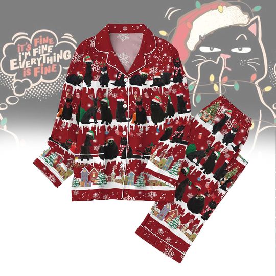 Christmas Black Cat Pajamas Set, Cute Cat Santa Holiday Pajamas, Cat Xmas Tree Shirt, Cat Lover Gift, Animal Winter Holiday Pjs