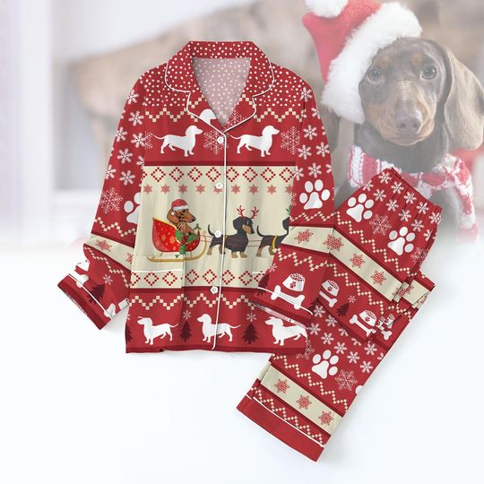 Christmas Dachshund Pajamas Set, Dog Christmas Lights Shirt, Wiener Dog Holiday Pajamas, Dog Mom Gift, Pet Lover Xmas Pajamas Family