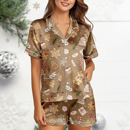 Discover Gingerbread Santa Snowflakes Christmas Satin Pajamas, Cute Holiday Sleepwear for Cozy Winter Nights, Family Matching Pajama Set
