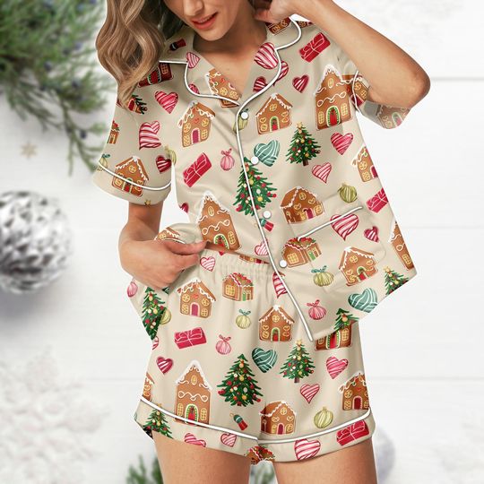 Discover Gingerbread Christmas Pajama Set, Cute Holiday Short PJs for Women, Festive Gingerbread House Sleepwear, Cozy Xmas Gift Outfit