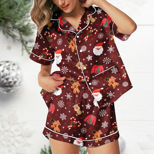 Discover Gingerbread Christmas Satin Pajama, Cute Holiday Short Pajamas, Santa Candy Cane Sleepwear, Festive Winter Loungewear Gift